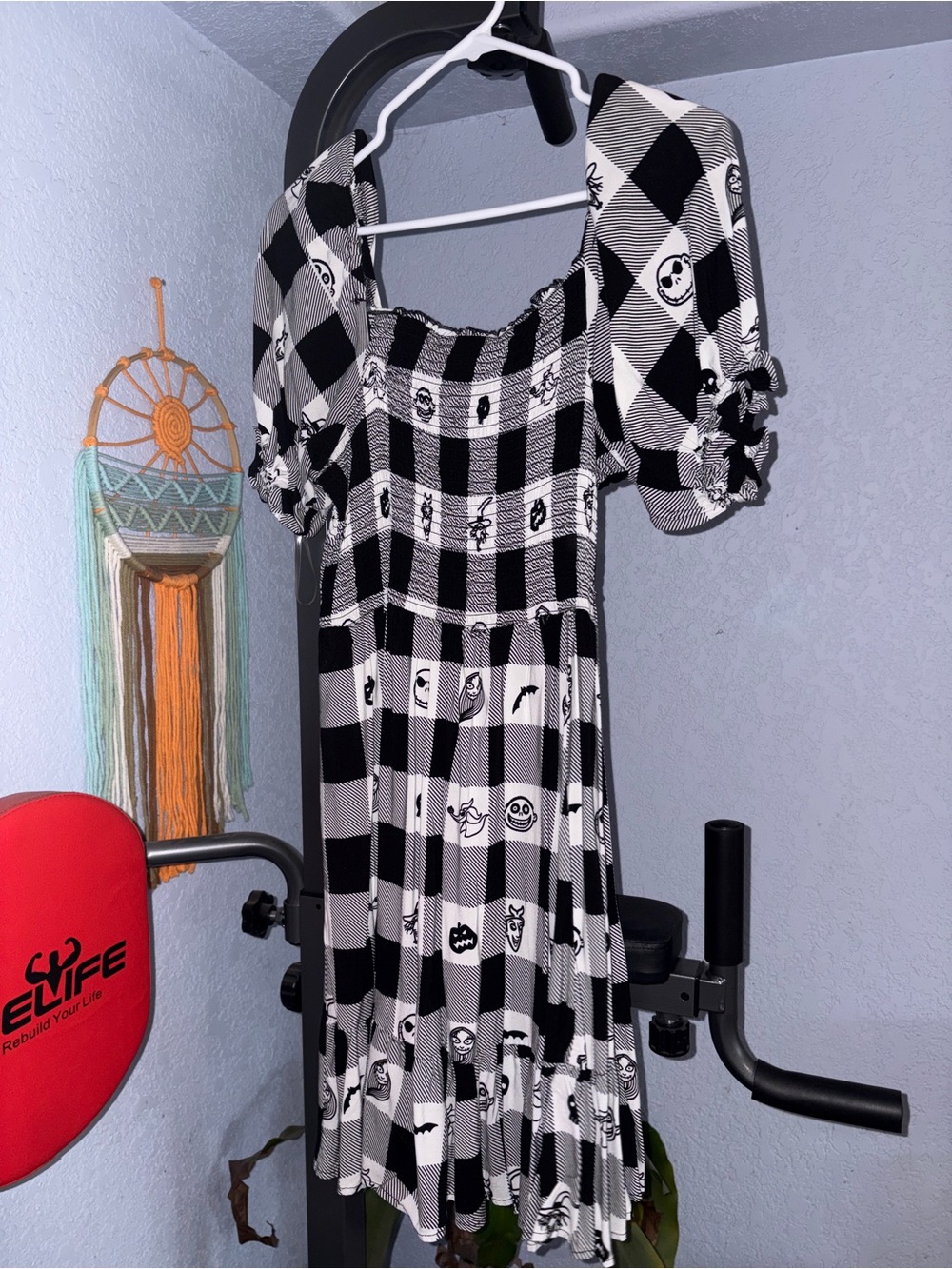 Her Universe Black and White Plaid Midi Dress with Smocked Bodice